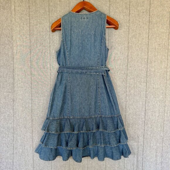Lauren Ralph Lauren Cotton Denim Triple Ruffle Hem True  Wrap Midi Dress Size 10 - Picture 7 of 14